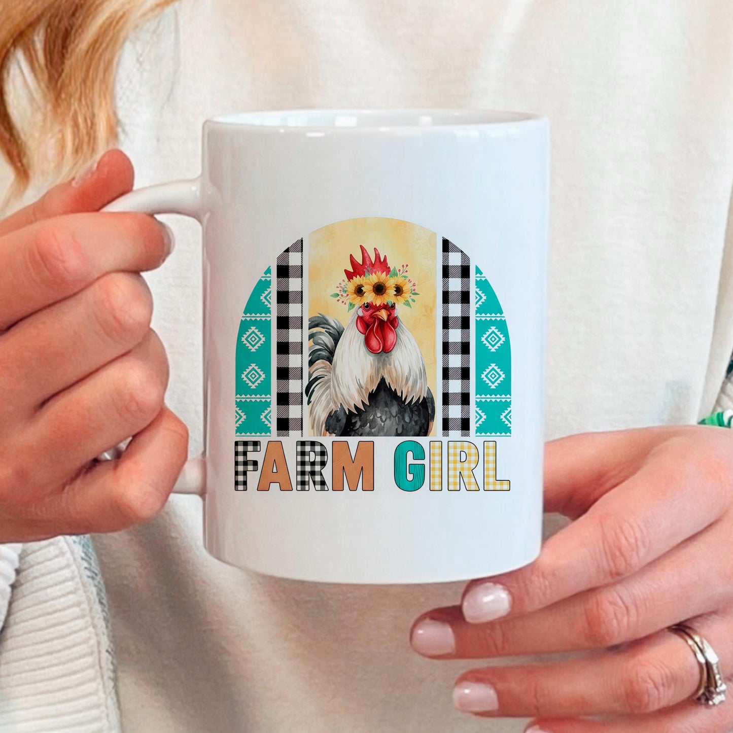 Farm Girl Mug – Rustic Farmhouse Coffee Cup with Sunflower Chicken Art Joyful Moose