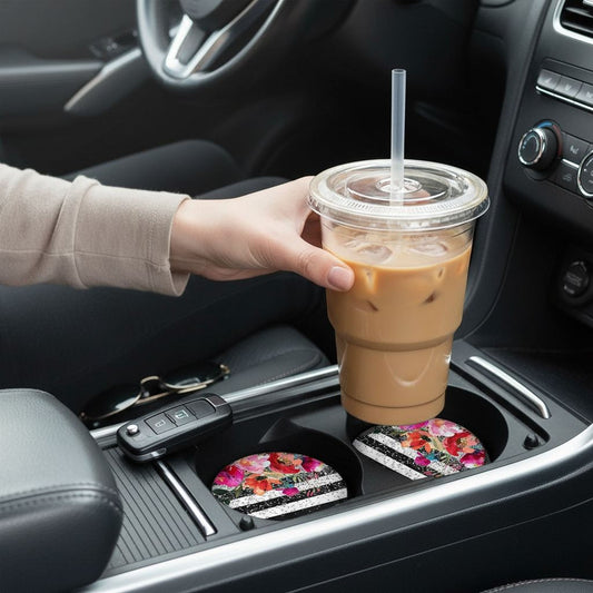 Floral Car Coaster - Black White Stripe Sandstone Moisture Absorbing Coaster Joyful Moose