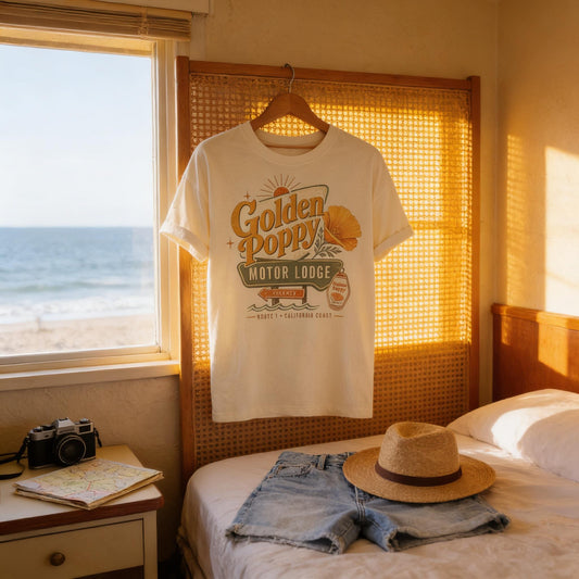 California Poppy Shirt - Retro Travel Tee | Soft Cotton Botanical Print Joyful Moose