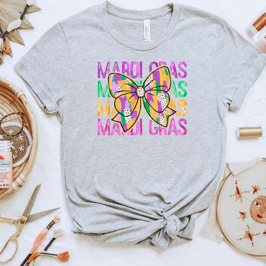 Mardi Gras Shirt - Purple Green Gold Coquette Bow Tee | New Orleans Carnival Outfit Joyful Moose