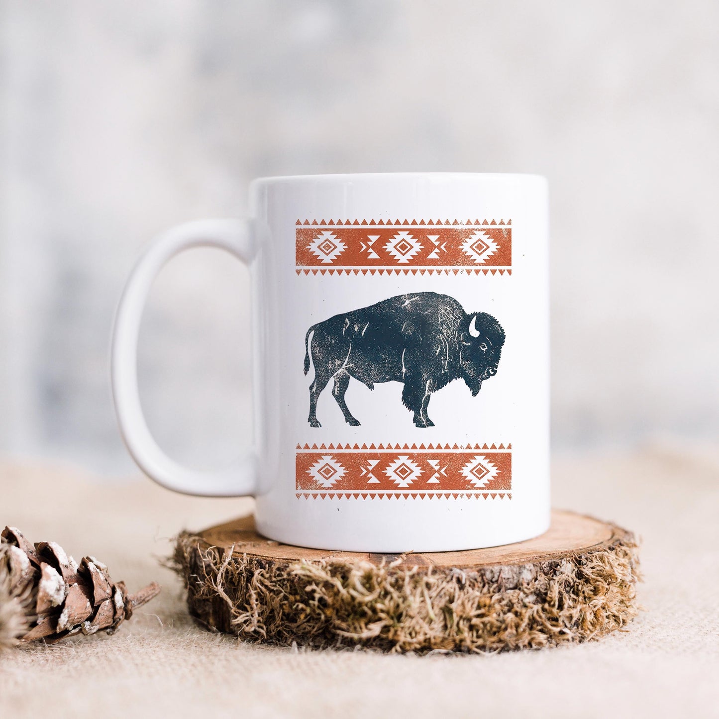 Rustic Buffalo Mug – Western Coffee Cup With Bison Design & Southwest Pattern Joyful Moose