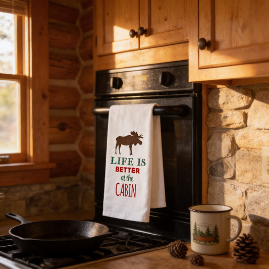 Cabin Kitchen Towel - Life is Better at the Cabin Flour Sack Towel - Cabin Decor Joyful Moose
