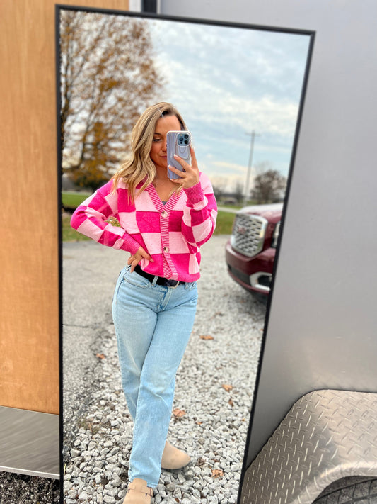 Checkered Drop Shoulder Buttoned V Neck Cardigan Thread & Co. Boutique, LLC