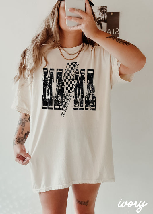 Checkered Bolt MAMA Tee *10 Colors Black Ink (S-3X) Chloe Vs Tank The Boutique