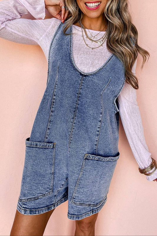 Denim Sleeveless Patched Pocket Romper Thread & Co. Boutique, LLC