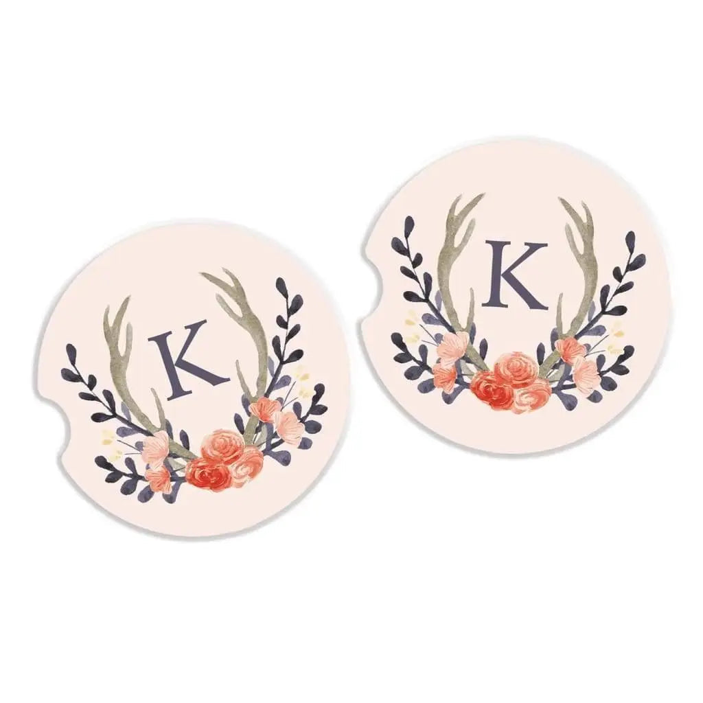 Car Coaster - Personalized Sandstone Car Cup Holder Coaster - Car Accessory - Floral Wreath Antlers Joyful Moose