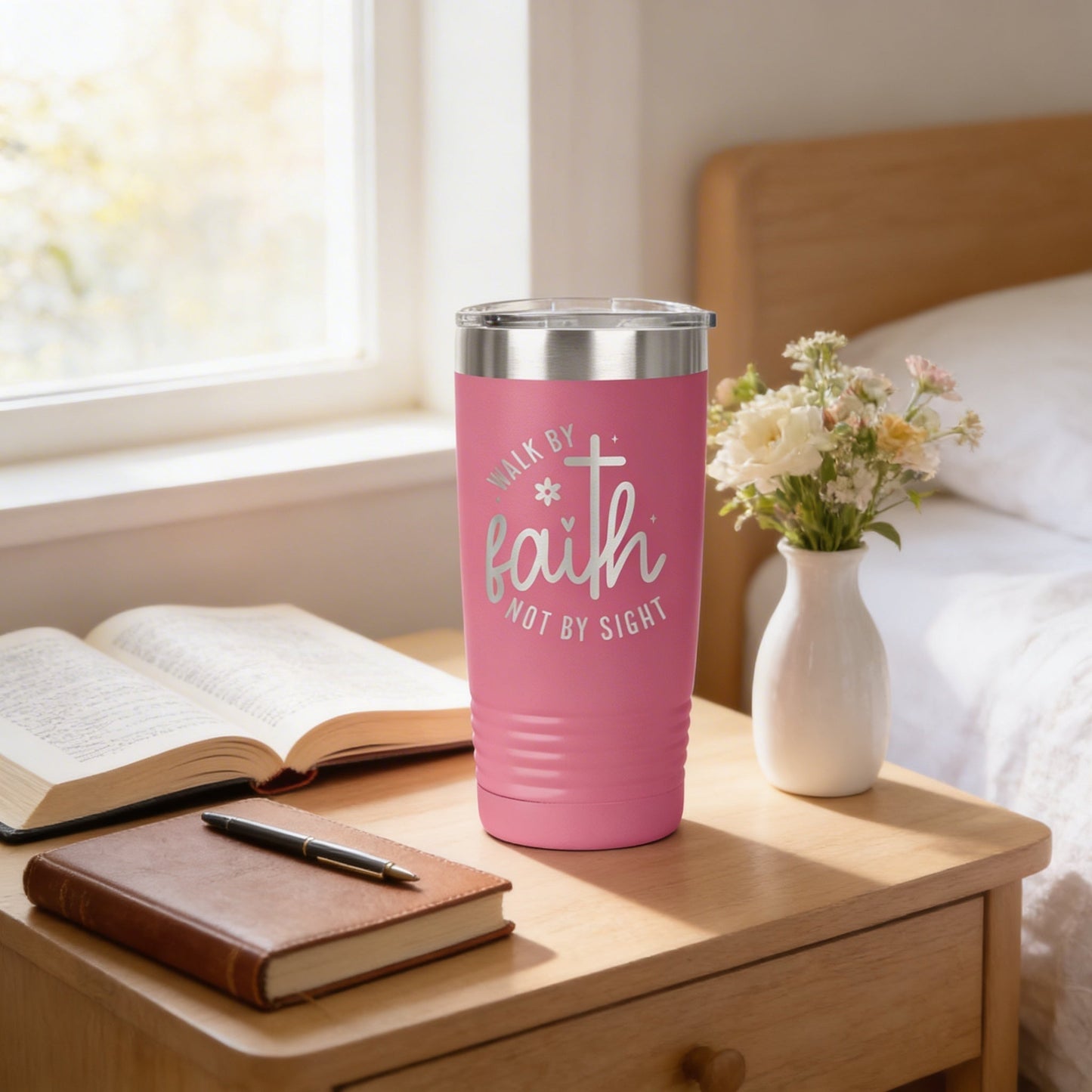 Christian Travel Tumbler with “Walk by Faith Not by Sight” Quote – Insulated Stainless Steel Pink Cup with Lid – Religious Gift for Women Joyful Moose