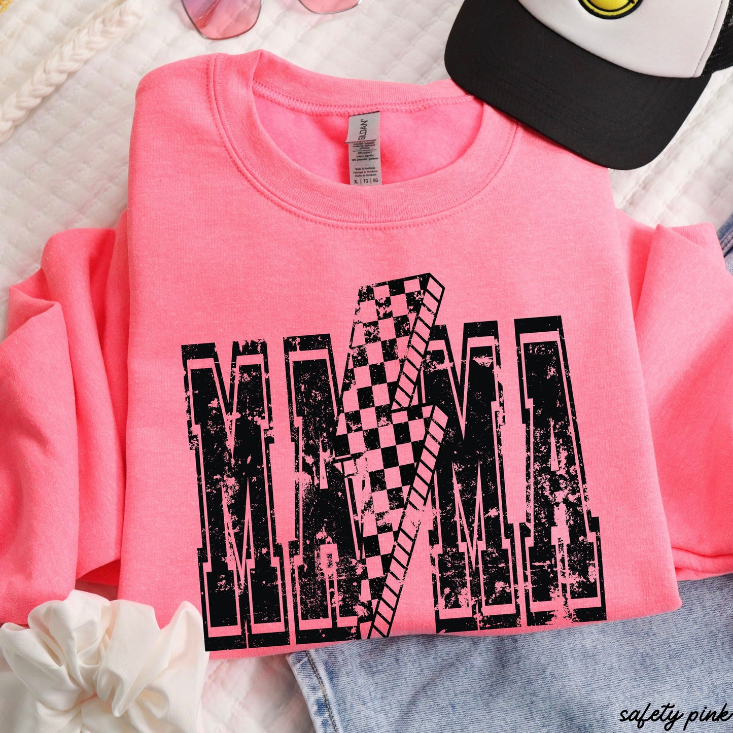 PRE-ORDER: Checkered Bolt MAMA Sweatshirt *4 Colors (S-3X) Chloe Vs Tank The Boutique