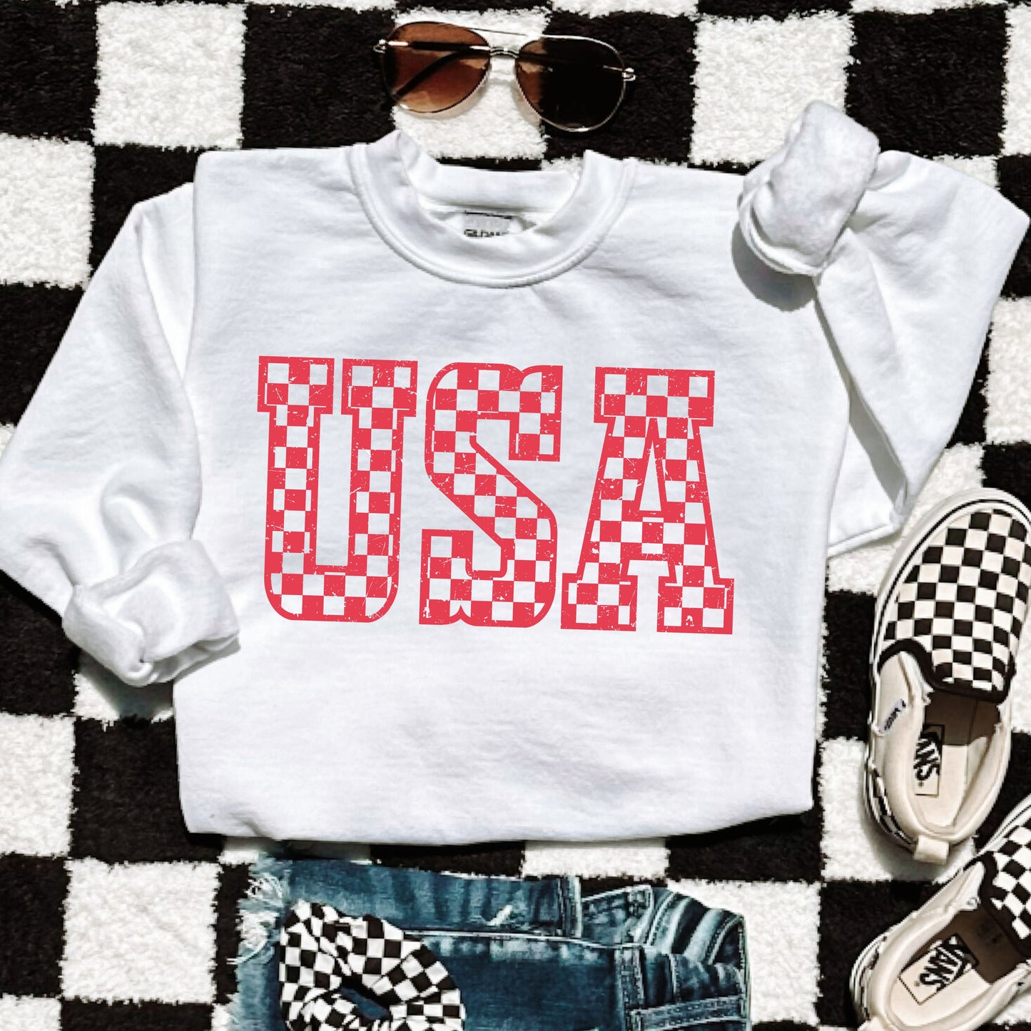 Checkered USA Sweatshirt *7 Colors (S-3X) Chloe Vs Tank The Boutique