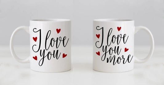 Mug Set, his n hers, I Love You & I Love You More, Valentines Day Gifts, Wedding Gift Coffee Mug Set, Anniversary Gift Joyful Moose