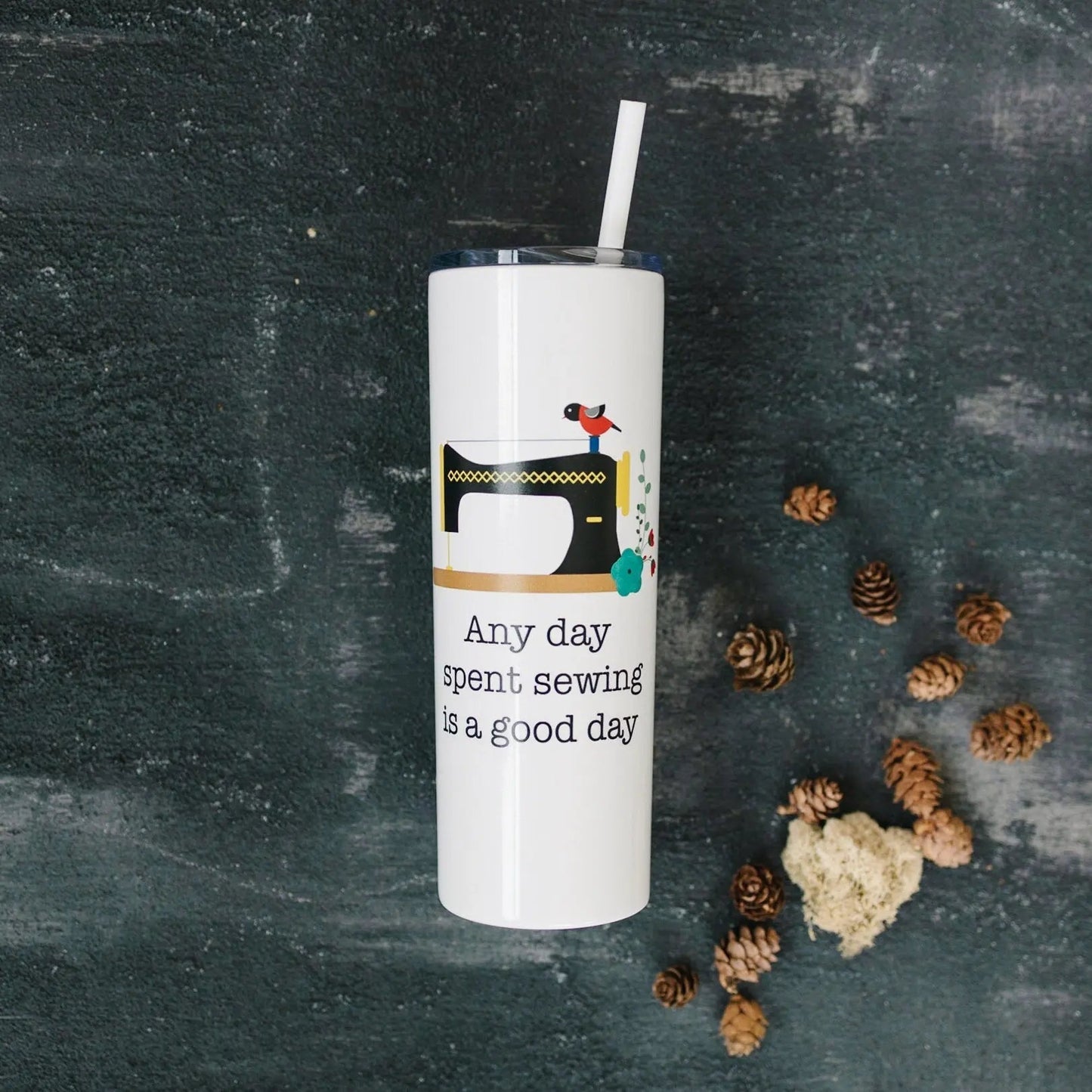 Sewing Travel Cup - Water Bottle Gift for Quilters - Sewing Machine Skinny Tumbler Joyful Moose
