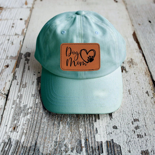 Dog Mom leather patch hat - coral, aqua trucker baseball cap Joyful Moose