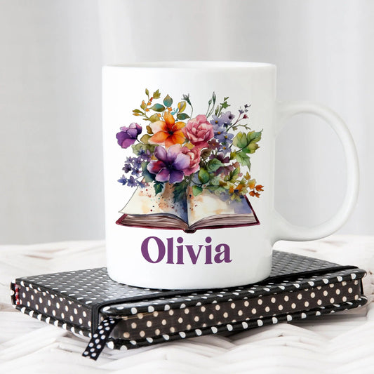 Personalized Name Coffee Mug for Women, floral books, book lover gift for teacher, library book reading mug, gift for book lovers, bookish Joyful Moose