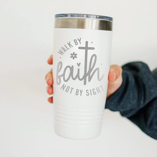 Christian Travel Tumbler with “Walk by Faith Not by Sight” Quote – Insulated Stainless Steel Pink Cup with Lid – Religious Gift for Women Joyful Moose