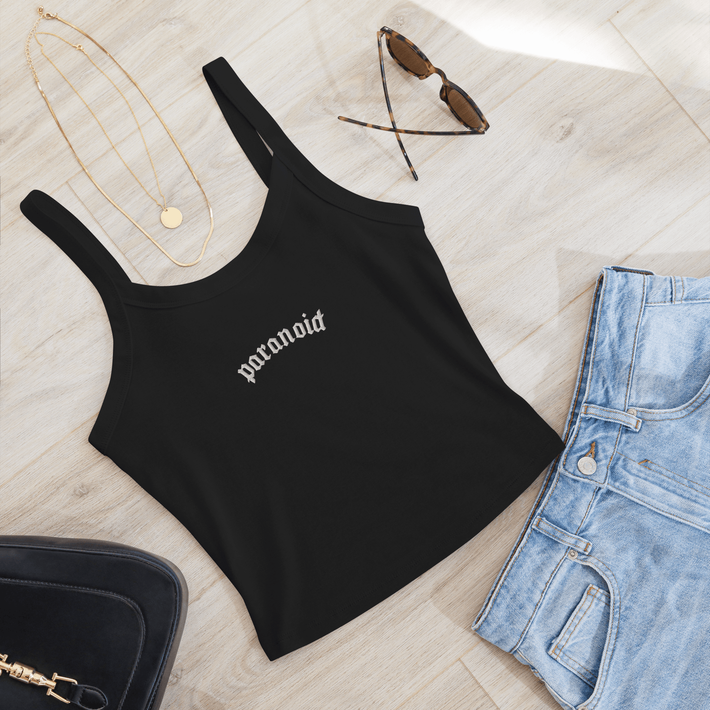 Paranoid Embroidered Ribbed Cropped Tank Top Goth Cloth Co.