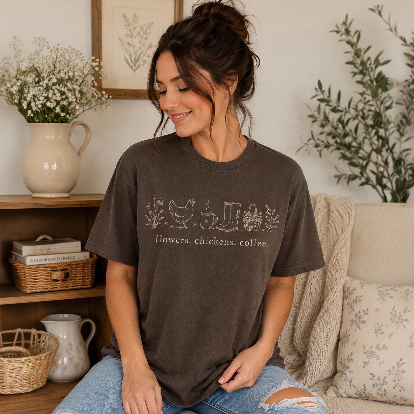 Chicken Mom Shirt - Comfort Colors Tee | Country Living Shirt With Cozy Coffee Vibe Joyful Moose