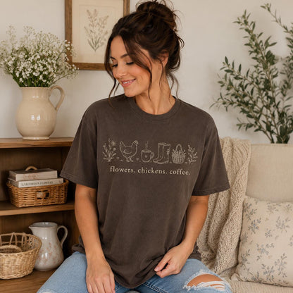 Chicken Mom Shirt - Comfort Colors Tee | Country Living Shirt With Cozy Coffee Vibe Joyful Moose