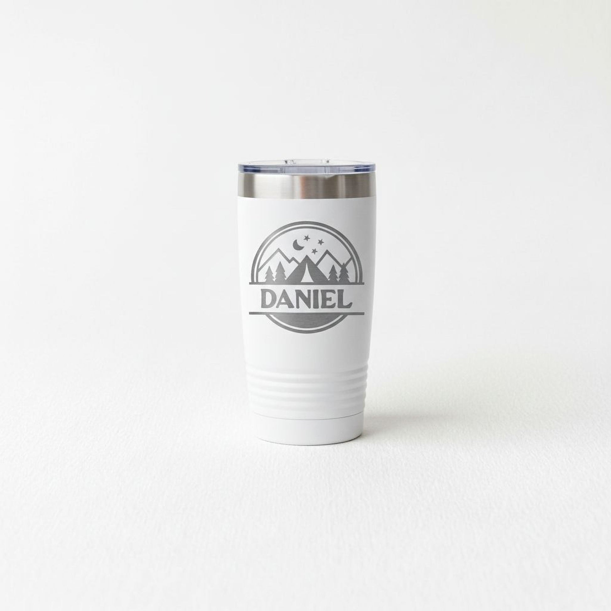 Personalized Camping Tumbler – Insulated Travel Mug with Mountain Stars Design Joyful Moose