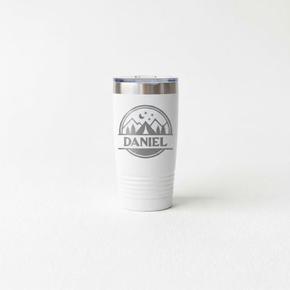 Personalized Camping Tumbler – Insulated Travel Mug with Mountain Stars Design Joyful Moose