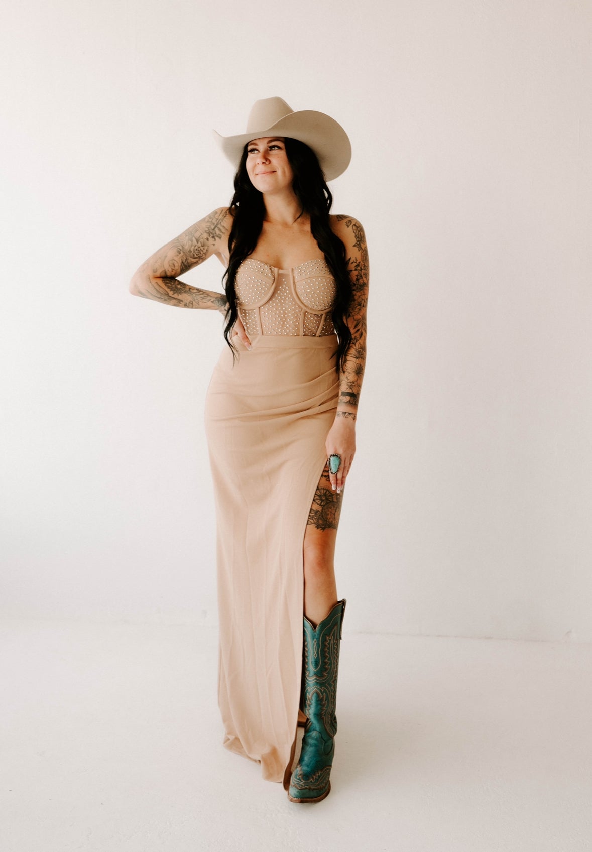 Natalia's Nude Rhinestone Slit Dress Wild Cactus Boutique