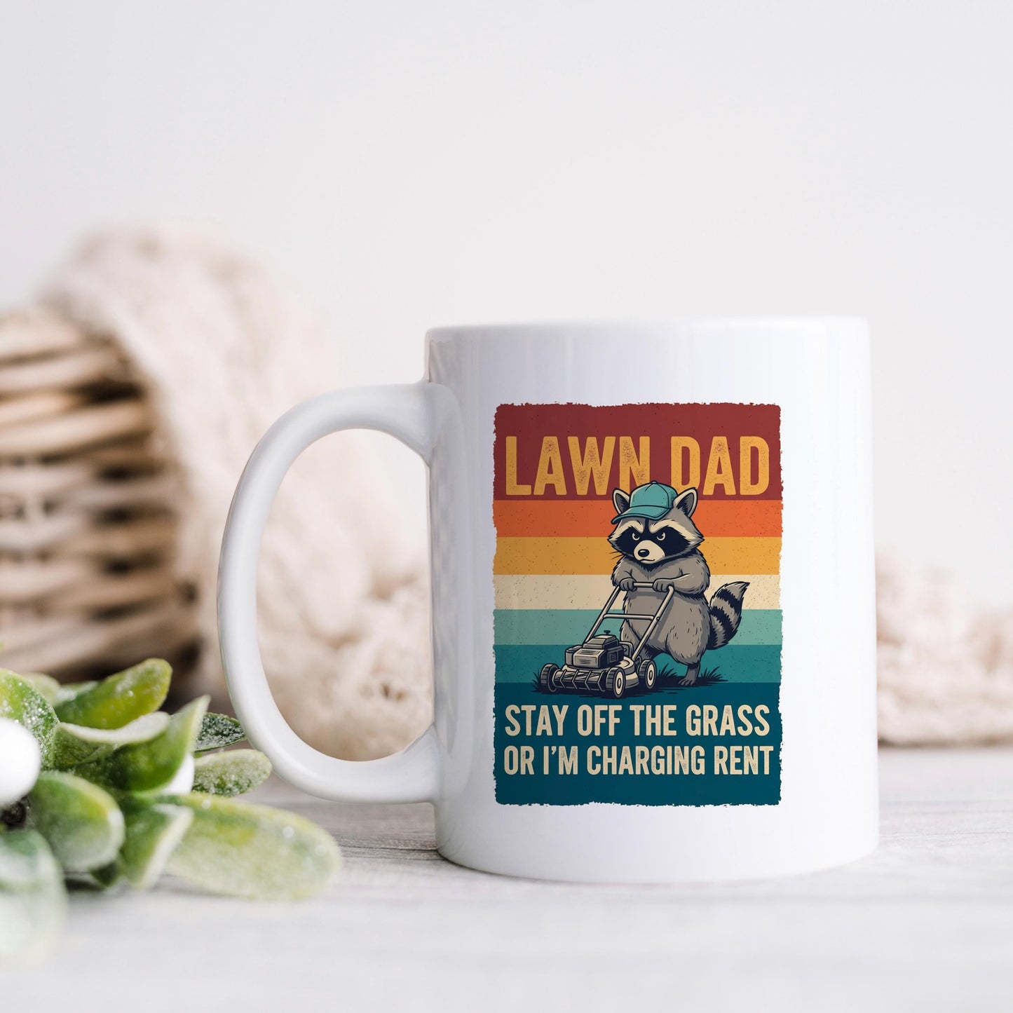 Funny Dad Mug - Vintage Raccoon Coffee Cup | Lawn Care Gift, Dad Humor Present Joyful Moose