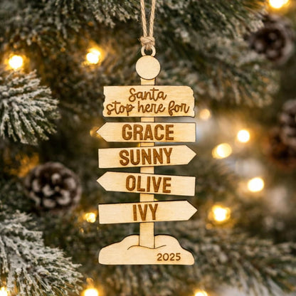 Personalized Family Ornament – Rustic Wooden Christmas Signpost Decor with Custom Engraving Joyful Moose