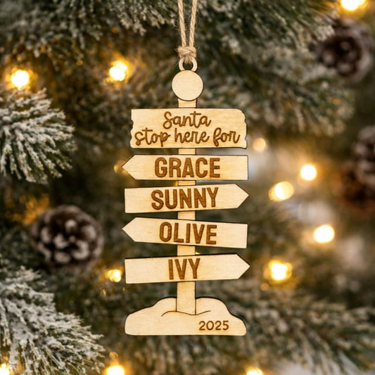 Personalized Family Ornament – Rustic Wooden Christmas Signpost Decor with Custom Engraving Joyful Moose