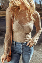 Apricot Lace Mesh Crochet Splicing Slim Fit Long Sleeve Blouse Thread & Co. Boutique, LLC