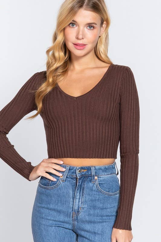 Grace's Long Sleeve V-neck Crop Sweater Wild Cactus Boutique