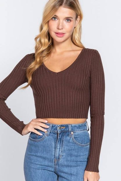 Grace's Long Sleeve V-neck Crop Sweater Wild Cactus Boutique