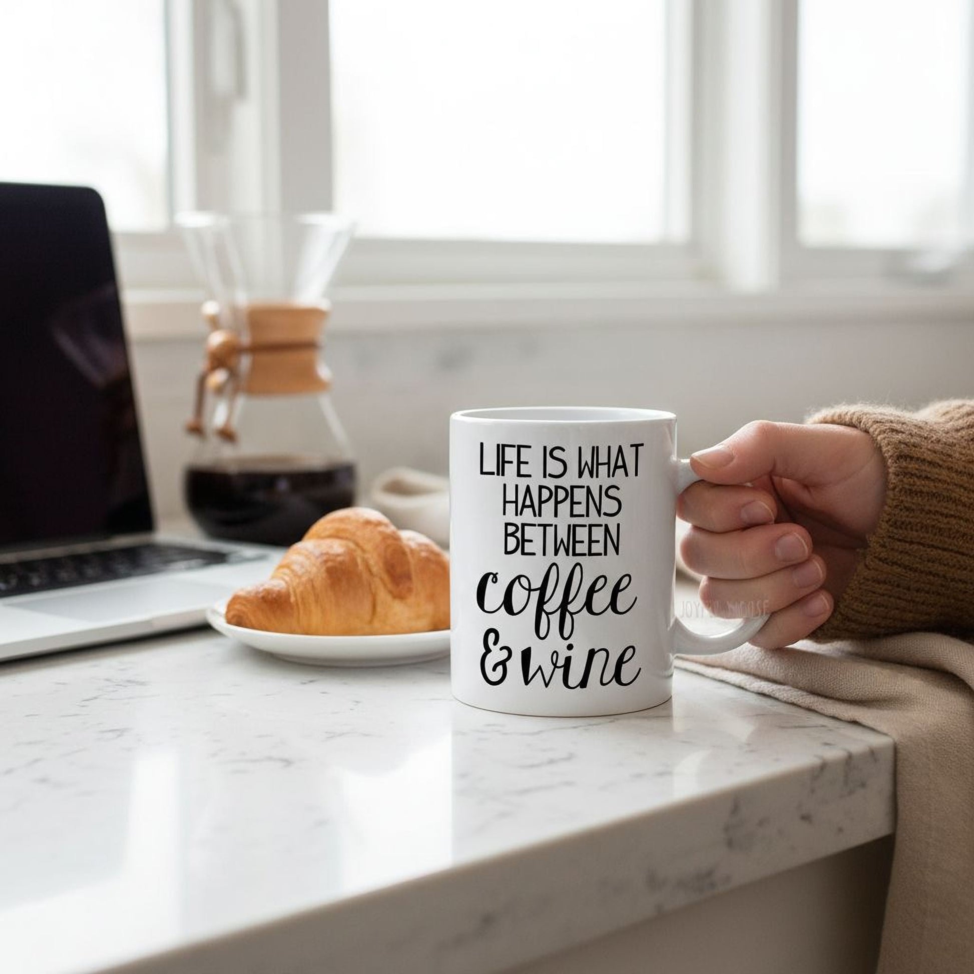 Funny Coffee Mug – Life Is What Happens Between Coffee & Wine | Ceramic Gift Joyful Moose