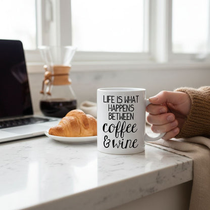 Funny Coffee Mug – Life Is What Happens Between Coffee & Wine | Ceramic Gift Joyful Moose