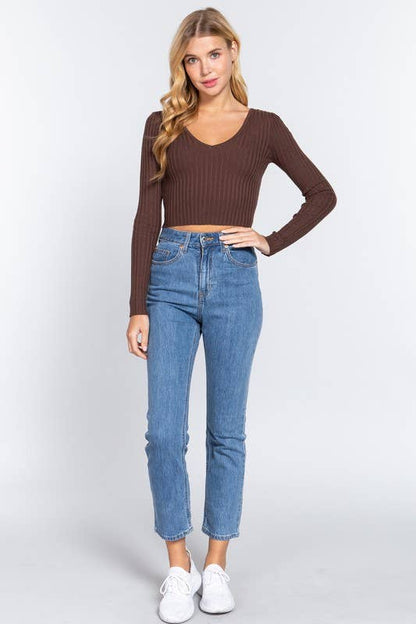 Grace's Long Sleeve V-neck Crop Sweater Wild Cactus Boutique