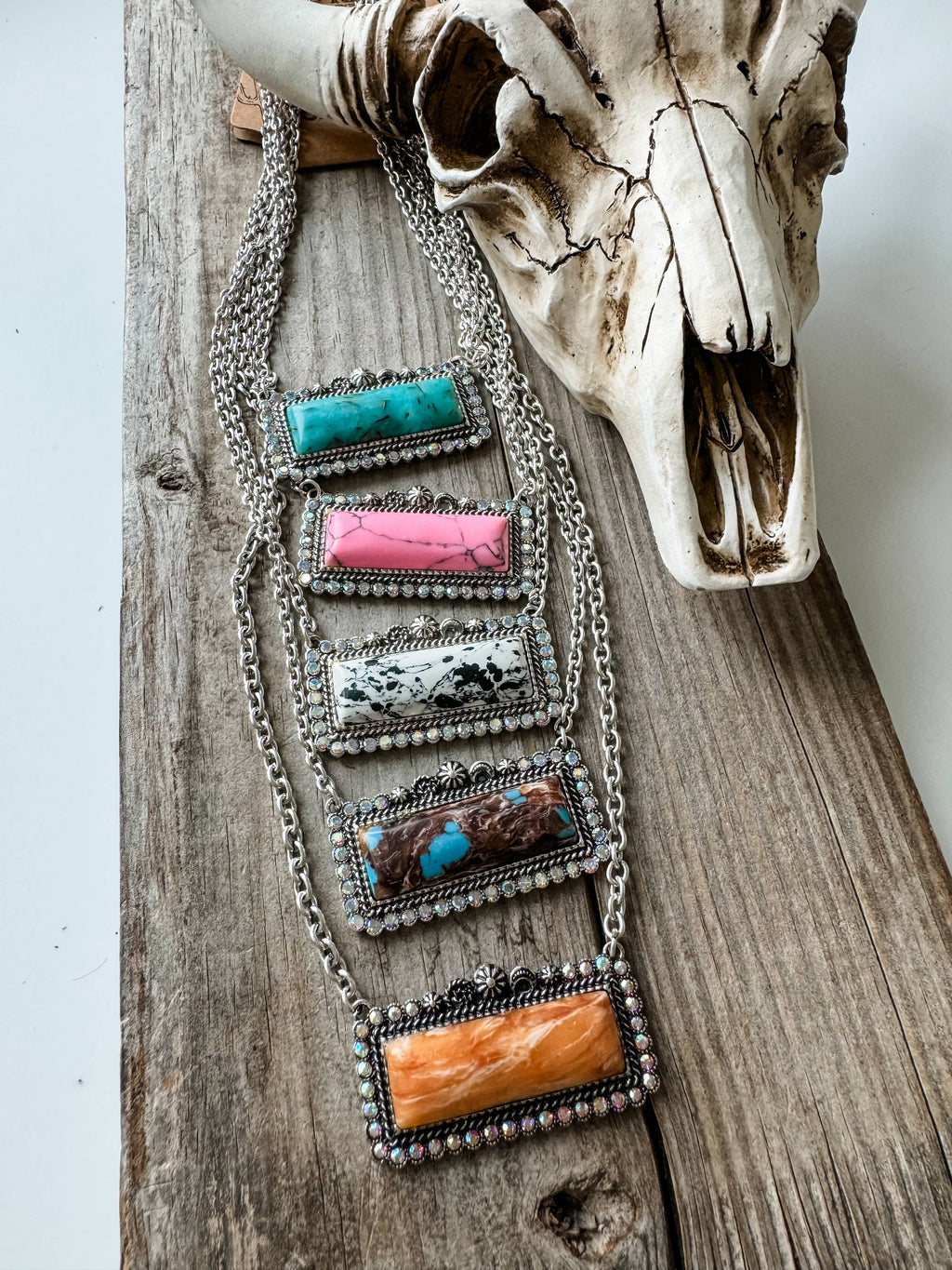 Western Semi Stone Bar Necklace - with Rhinestone edge Wild Cactus Boutique