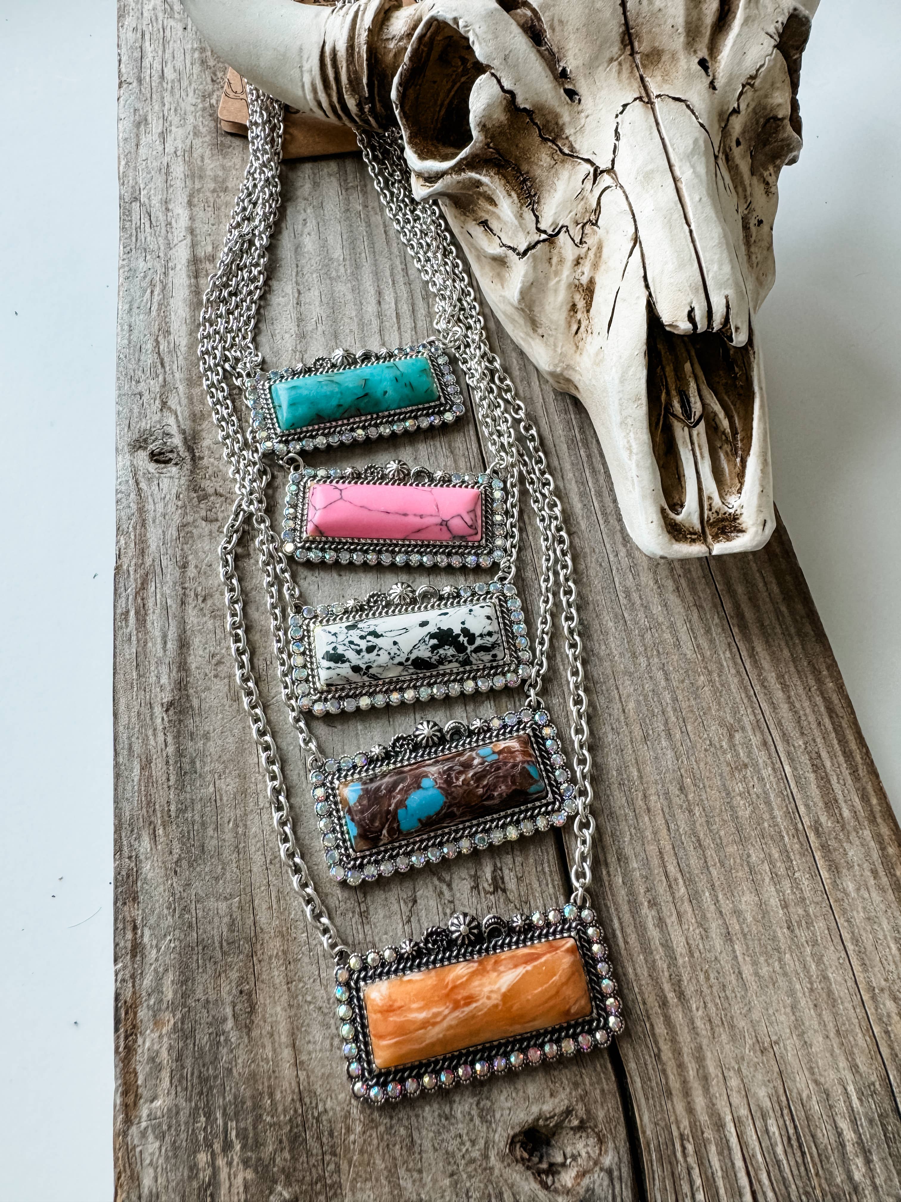 Western Semi Stone Bar Necklace - with Rhinestone edge Wild Cactus Boutique