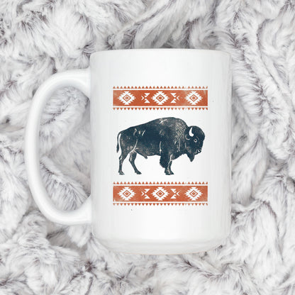 Rustic Buffalo Mug – Western Coffee Cup With Bison Design & Southwest Pattern Joyful Moose