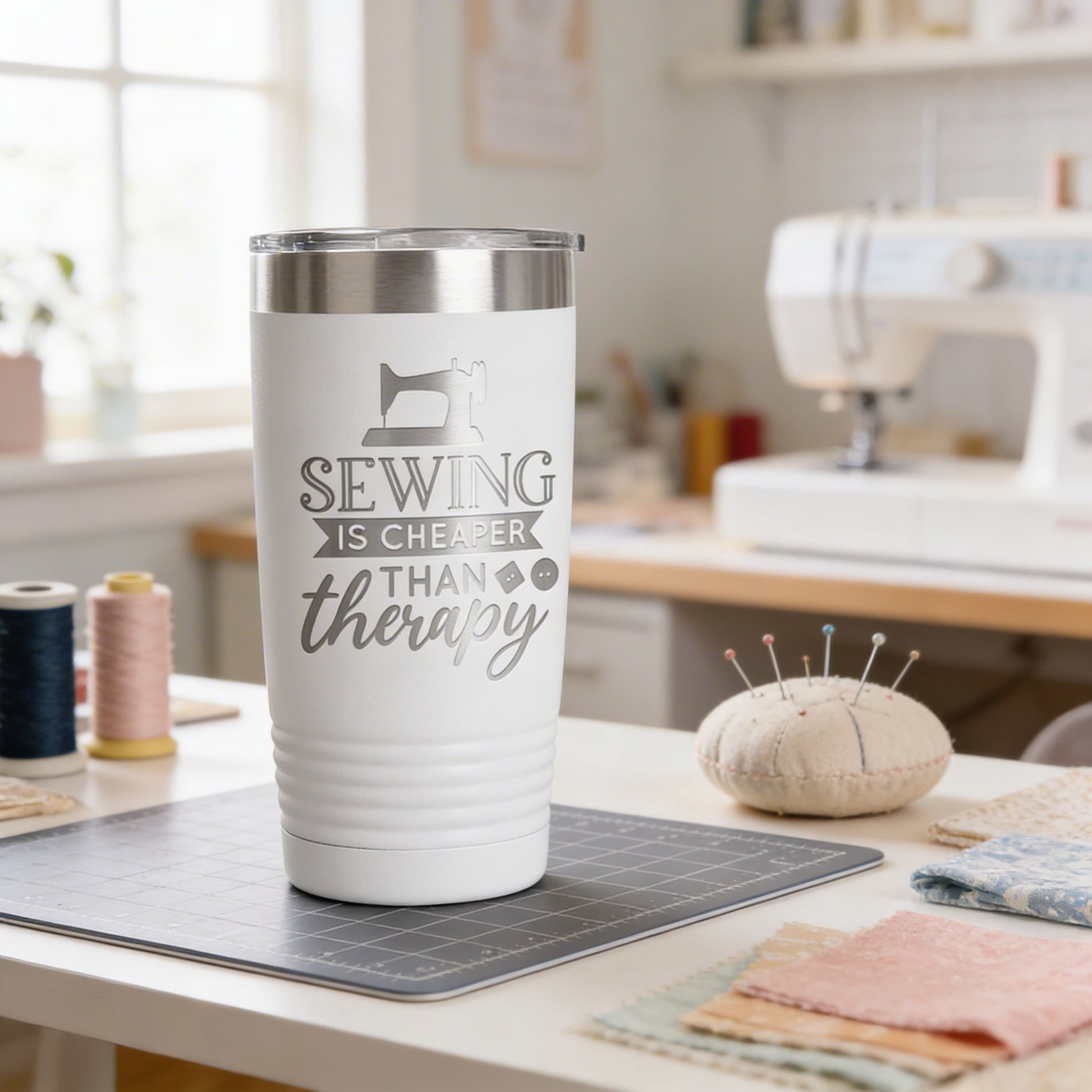 Personalized Sewing Tumbler 20 oz stainless steel insulated drinkware for crafters, hot or cold beverage travel mug, gift for sewists Joyful Moose