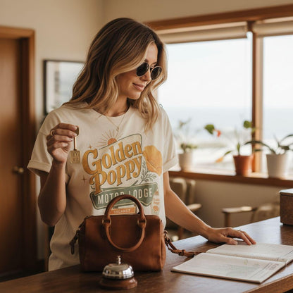 California Poppy Shirt - Retro Travel Tee | Soft Cotton Botanical Print Joyful Moose