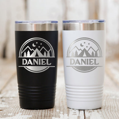 Personalized Camping Tumbler – Insulated Travel Mug with Mountain Stars Design Joyful Moose