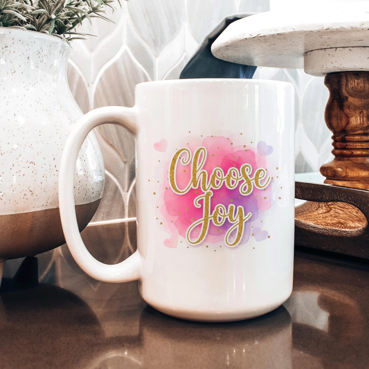 Choose Joy Mug - Inspirational Coffee Cup | Pink Watercolor Ceramic Mug Joyful Moose