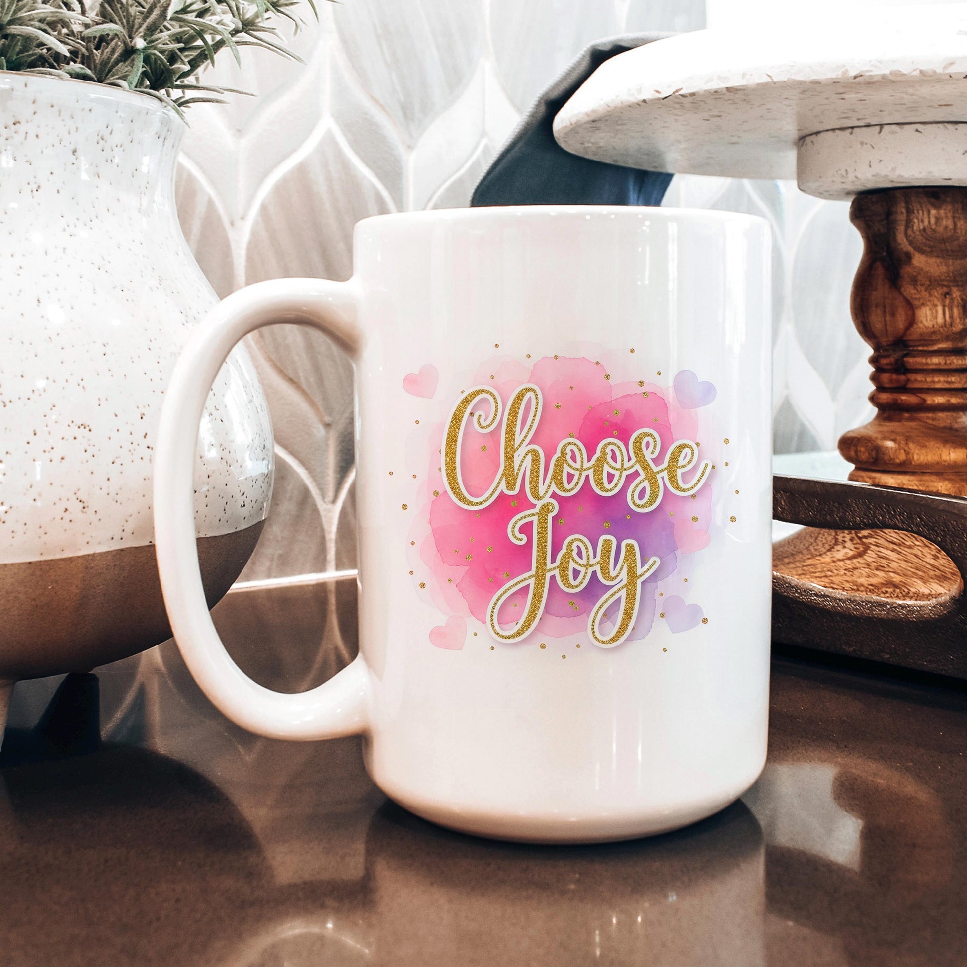 Choose Joy Mug - Inspirational Coffee Cup | Pink Watercolor Ceramic Mug Joyful Moose
