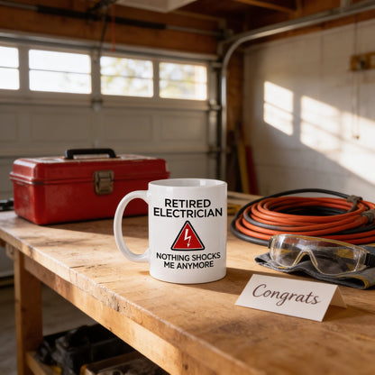 Retired Electrician Mug - Funny Ceramic Coffee Cup for Retirement Party Gift Joyful Moose