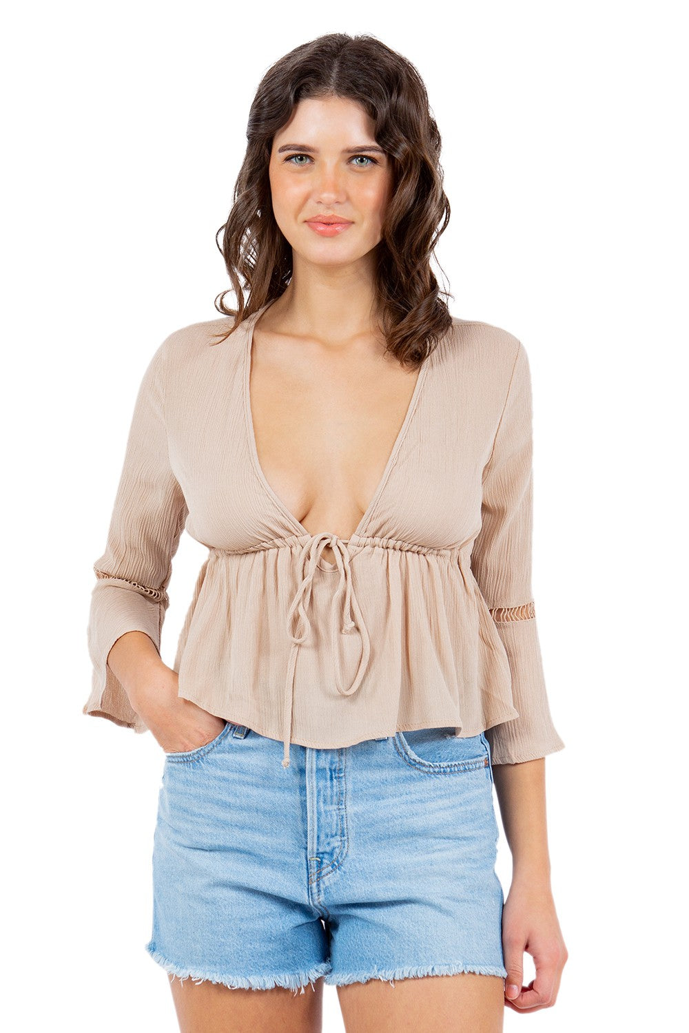 Rae's Tie Front V-Neck Blouse Wild Cactus Boutique