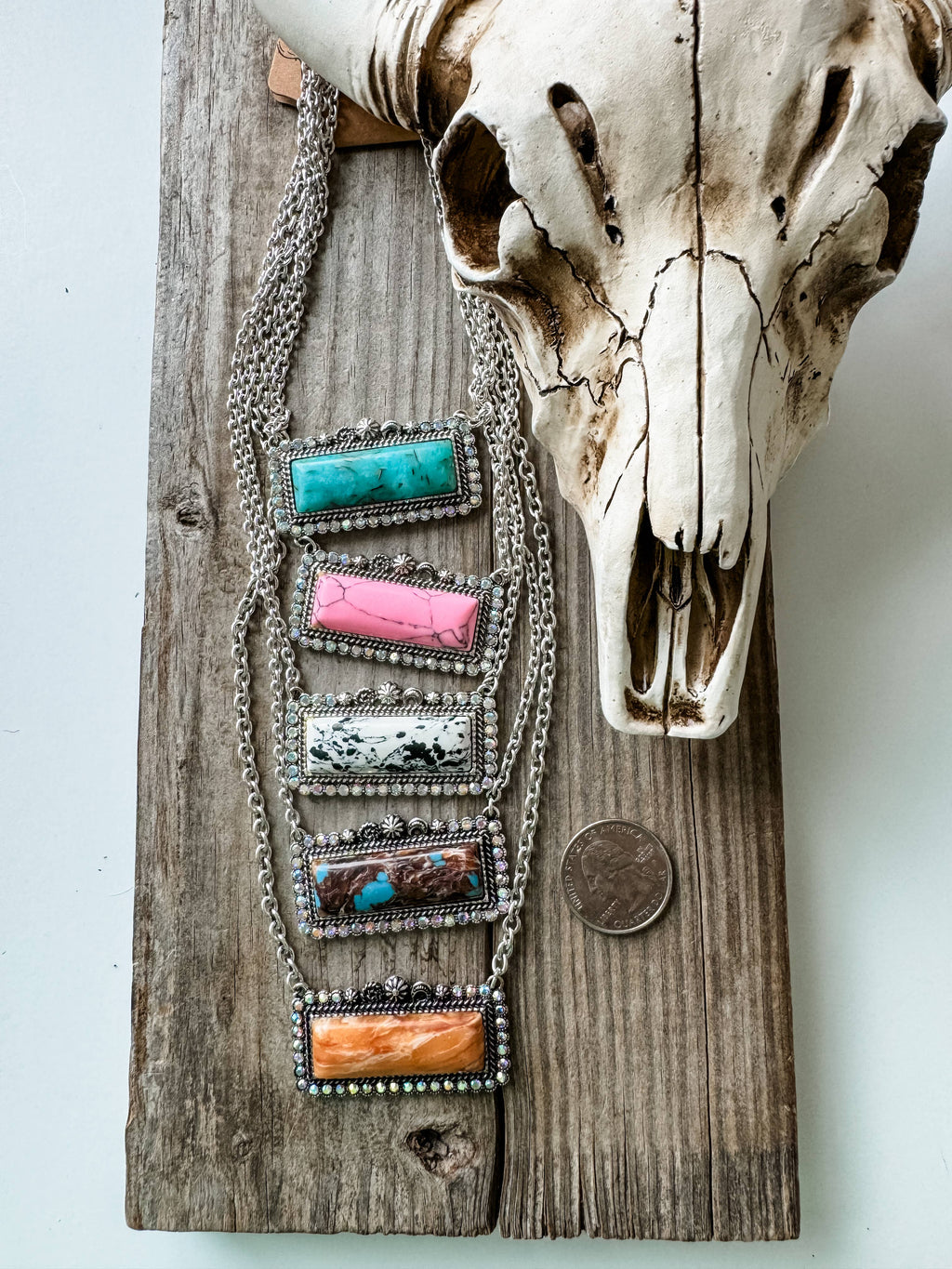 Western Semi Stone Bar Necklace - with Rhinestone edge Wild Cactus Boutique