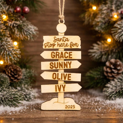 Personalized Family Ornament – Rustic Wooden Christmas Signpost Decor with Custom Engraving Joyful Moose