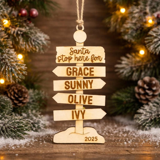 Personalized Family Ornament – Rustic Wooden Christmas Signpost Decor with Custom Engraving Joyful Moose