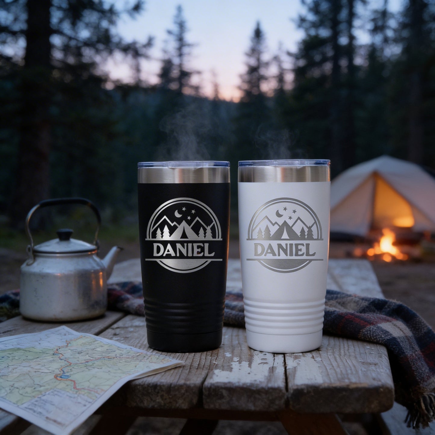 Personalized Camping Tumbler – Insulated Travel Mug with Mountain Stars Design Joyful Moose