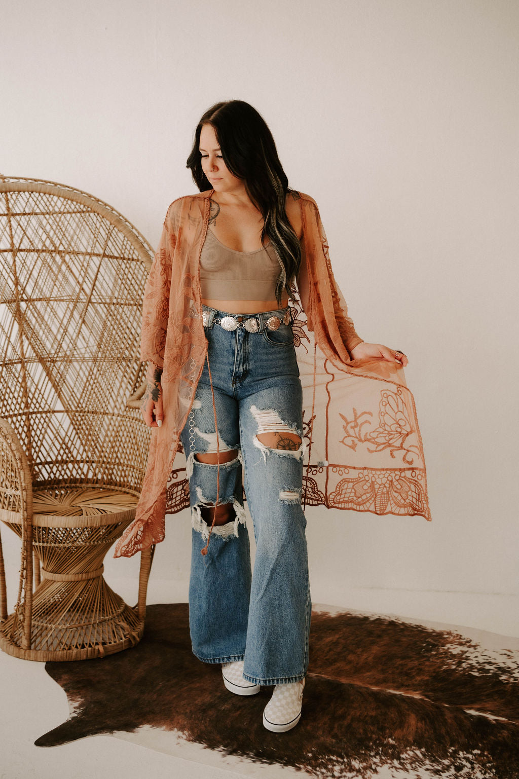 Embroidered Butterfly Lace Front-Tie Kimono Wild Cactus Boutique