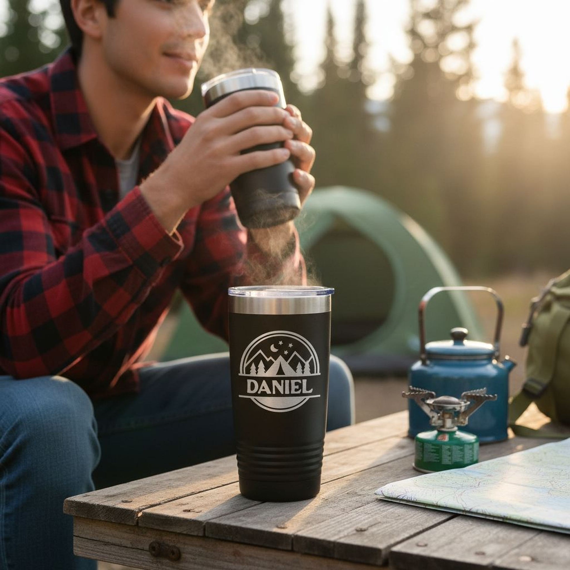 Personalized Camping Tumbler – Insulated Travel Mug with Mountain Stars Design Joyful Moose