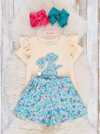 Turquoise Embroidered Floral Bunny Ruffle Outfit Thread & Co. Boutique, LLC
